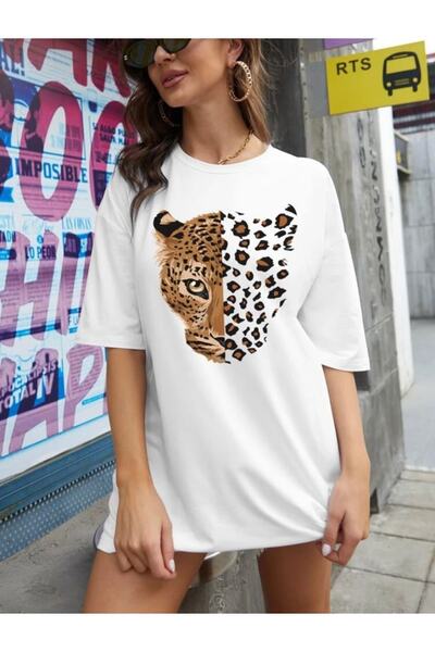 LOUİSA Ženska velika bela majica sa leopard printom na prednjoj strani i okru...