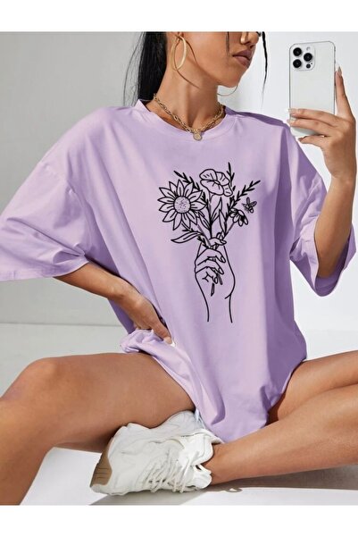 LOUİSA Tricou de damă oversize, cu imprimeu de flori liliac, cu decolteu rotund