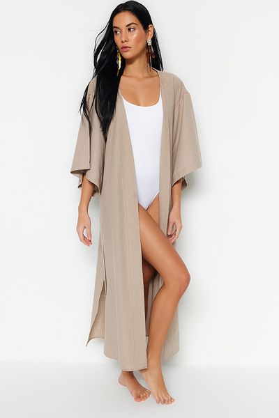 Trendyol Collection Beigefarbener, gewebter Maxi-Kimono und Kaftan in Leinenoptik mit Gürtel TBESS23KM00058
