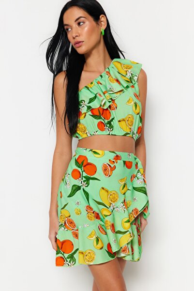 Trendyol Collection Fruit Print Woven Flounce One Shoulder Blouse Beach Skirt Suit Tbess23Au00173
