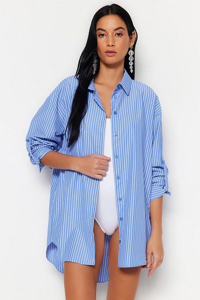 Trendyol Collection Blau gestreiftes Webhemd TBESS22GO0664