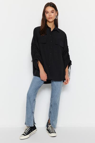 Trendyol Modest Black Sleeve Adjustable Gather Detailed Woven Cotton Shirt TCTSS23TG00011