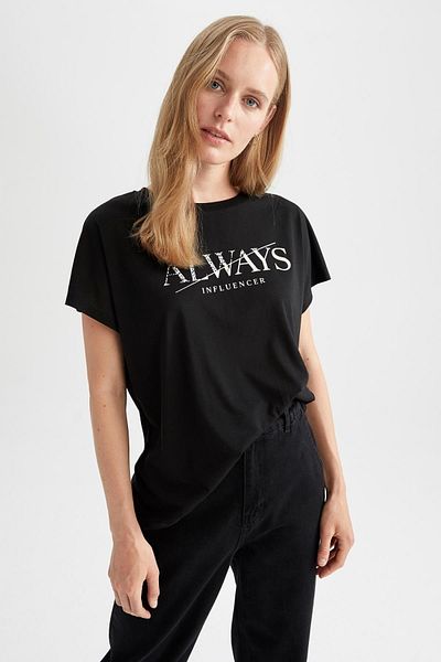 DeFacto Crew Neck Slogan Printed Short Sleeve T-Shirt