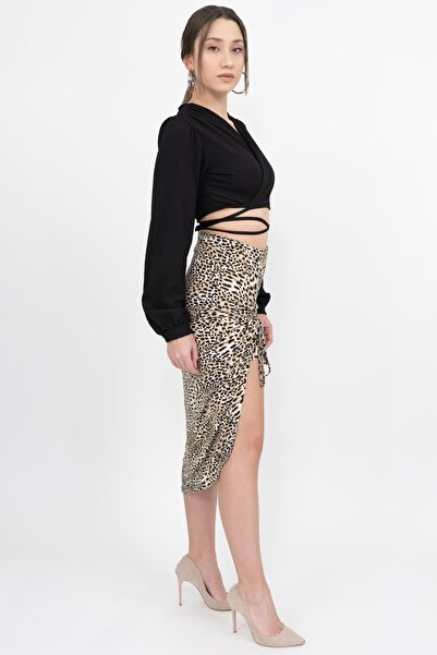 Soyo Beige Black Leopard Patterned Viscose Adjustable Slit Double Skirt