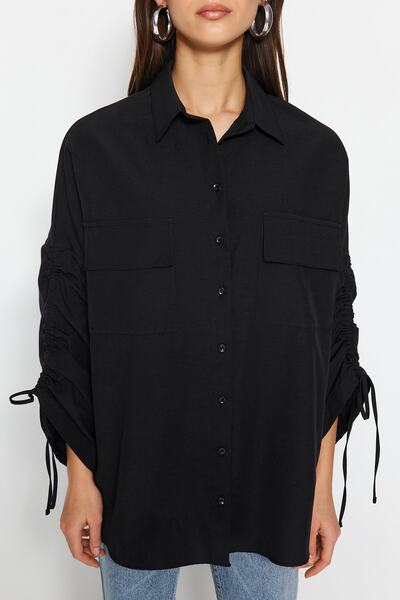 Trendyol Modest Black Sleeve Adjustable Gather Detailed Woven Cotton Shirt TCTSS23TG00011