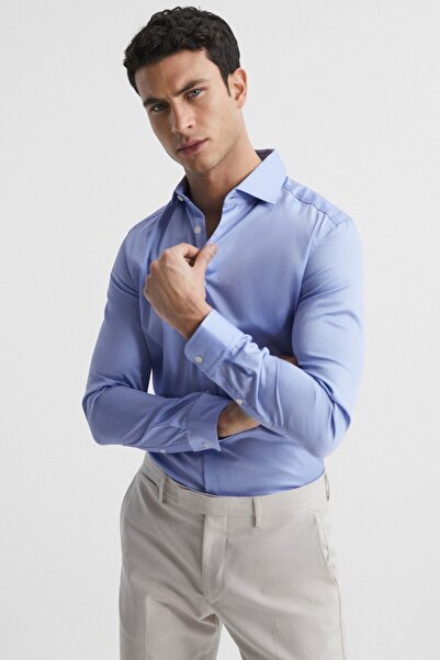 alenmeza Erkek Mavi %100 Pamuk Saten Non-ıron Ütü Istemeyen Casual Cepsiz Modern Fit Gömlek