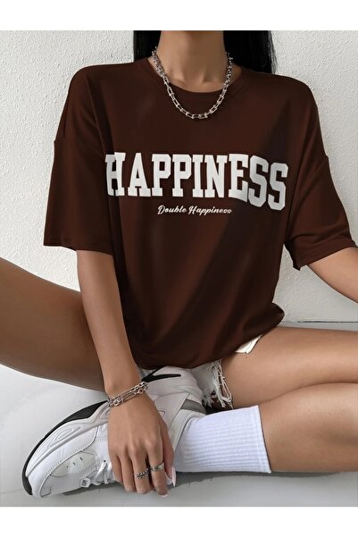 MOONBULL Μπλουζάκι Oversize Brown Happiness Printed