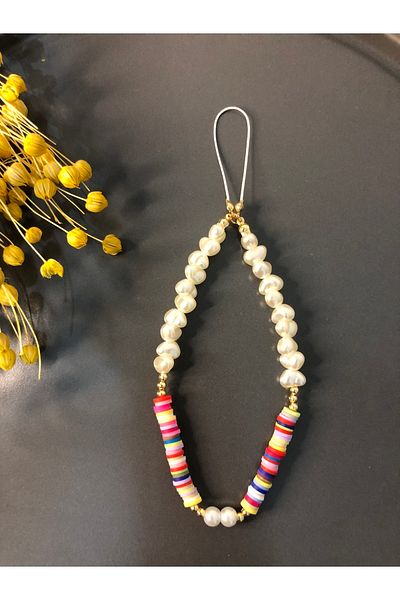 Stoneday Colorful Fimo Bead Gold Detailed Trapezoid Pearl Phone Strap Charm Accessory