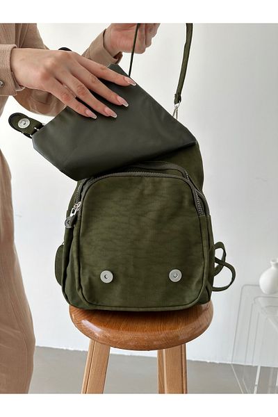 KIRASE Women's Khaki Double Compartment Backpack with Buckle Detail