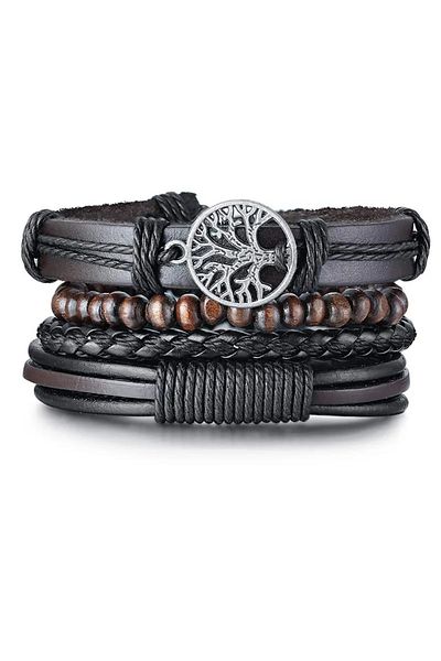 Gogoey Men's Leather Bracelet 4-Piece Tree of Life Wooden Bead Bracelet Black Men's Jewelry