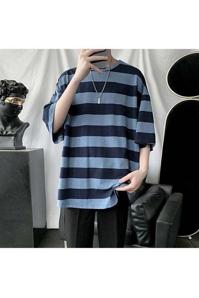 Touz Tricou supradimensionat unisex cu dungi albastre negre Eysa