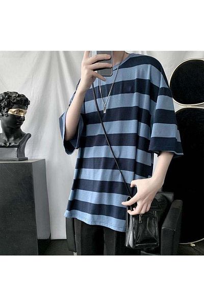 Touz Tricou supradimensionat unisex cu dungi albastre negre Eysa