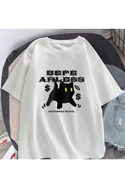 Touz Eysa Be Fearless Cat Printed White Unisex Oversize T-shirt