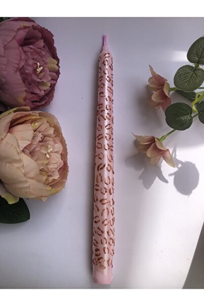 Elif Design Pembe Sedef Leopar Desenli El Çizimi Şamdan Mumu