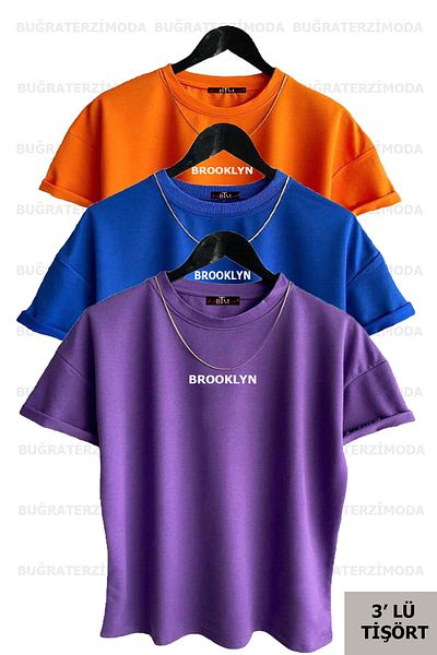Buğraterzimoda Brooklyn Printed Unisex Purple-Sax Blue-Orange (μεγάλη εφαρμογή) Πακέτο T-Shirt 3 τεμαχίων