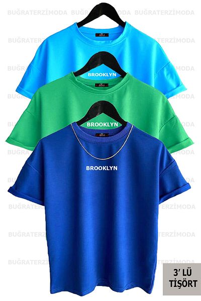 Buğraterzimoda Brooklyn Printed Unisex Saks Μπλε-Πράσινο-Μπλε (μεγάλη εφαρμογή) Πακέτο T-Shirt 3 τεμαχίων