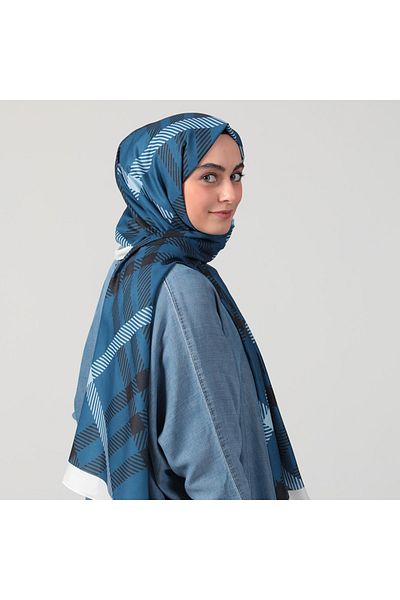 ipekistanbul Βαμβακερό μεταξωτό σάλι - καρό σχέδιο - Navy Blue