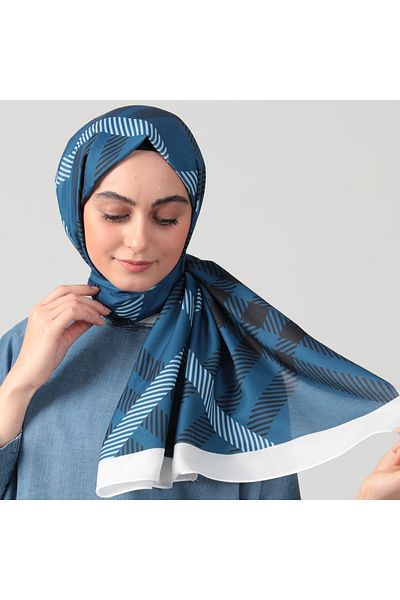 ipekistanbul Βαμβακερό μεταξωτό σάλι - καρό σχέδιο - Navy Blue