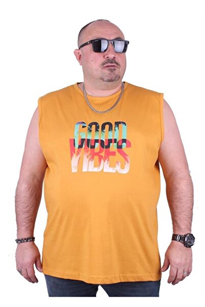 Starbattal تي شيرت رجالي مطبوع بدون أكمام مقاس كبير Good Vibes 23141 الخردل