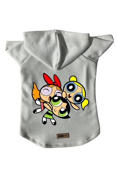 Monopetz Power Puff Girls White Fleece Sweatshirt - Hoodie, Dog and Cat Print Outfit & Dress - Size m