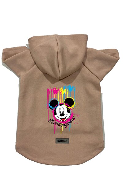 Monopetz Beige Mickey Mouse Print Hooded Fleece Sweatshirt - Dog & Cat Outfit...