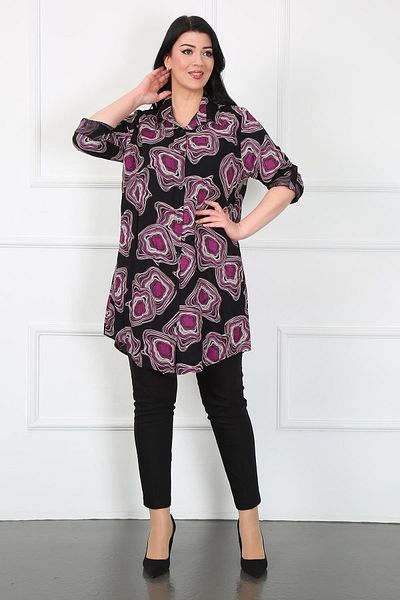 By Alba Collection Women's Lilac Cotton Viscose Patterned Large Size Tunic
