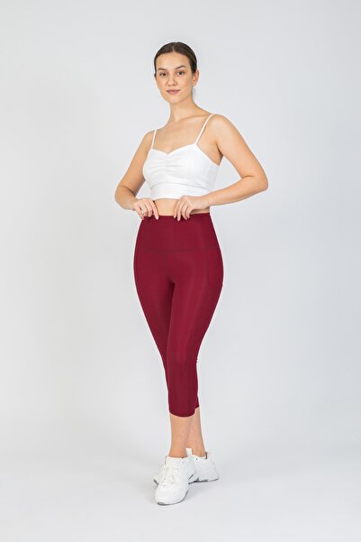 The Step Sports Step Original Claret Red Women's Pocketed High Waist Extra Compressor, Capri Yoga Tights 48cm
