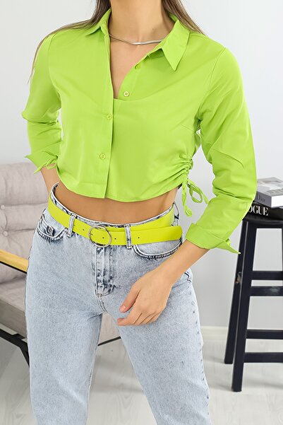 LACHT Kadın Fıstık Yeşili Yandan Büzgülü Crop Gömlek