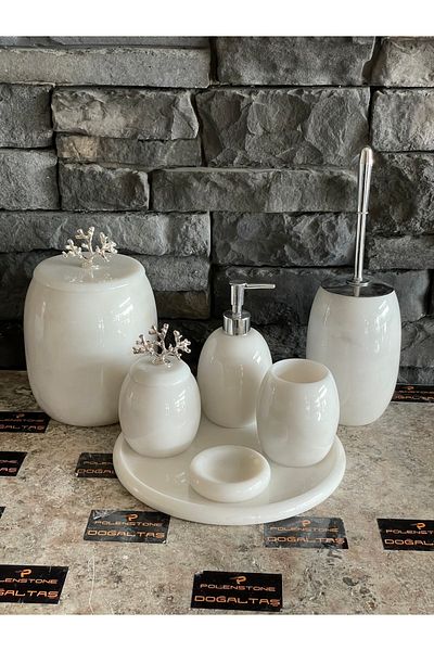 Polen Stone White Natural Marble Silver Coral Accessory Oval 7-Piece Bathroom Set
