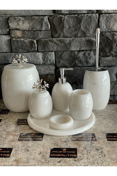 Polen Stone White Natural Marble Silver Coral Accessory Oval 7-Piece Bathroom Set
