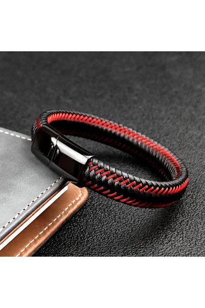 REGGENTE Red Thread Braided Black Leather Bracelet