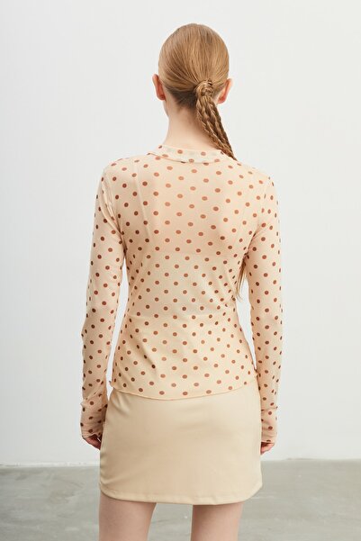 modavingo Női bézs barna pöttyös mintás tüll átlátszó blúz