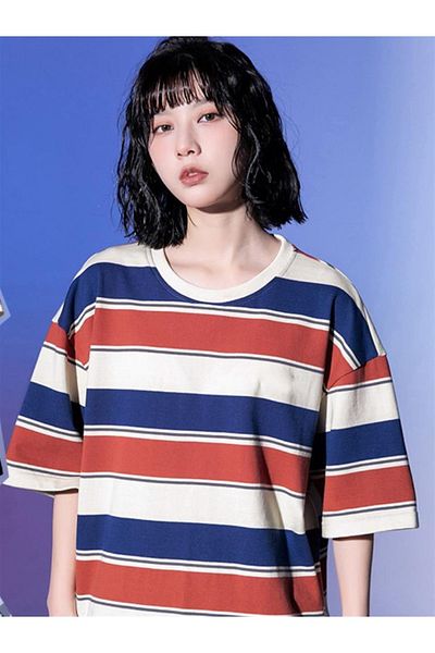Touz Blunt Red Blue Striped White Unisex Oversize T-shirt