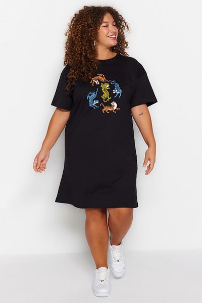Trendyol Curve Black Crew Neck Leopard Printed 100% bavlna Pletené Tričkové šaty veľkej veľkosti Tbbss23Ah00163