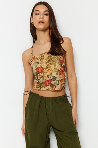 Trendyol Collection Různobarevné květinové vzorované přiléhavé popruhy podšité pružným tylem pletená halenka TWOSS23BZ00710