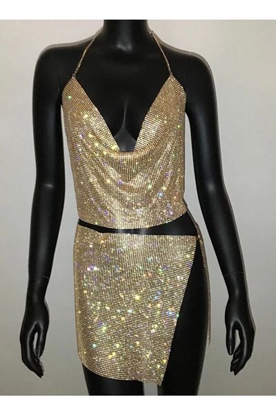 nuit dose Chainmail Metal Fabric 2-Piece Set (GOLD) Jewelled, Shiny, Metal, Degaje Collar, Chain Strap Backless