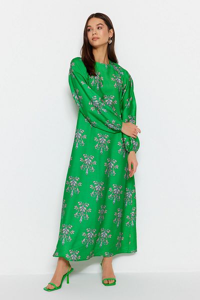 Trendyol Modest Πράσινο φλοράλ μοτίβο υφασμένο φόρεμα με λεπτομέρεια TCTSS23EB00263