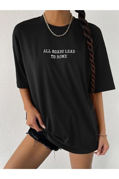 MOONBULL Übergroßes schwarzes T-Shirt mit „All Roads Lead To Home“-Aufdruck