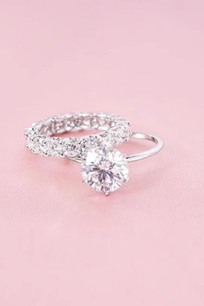 Crystal Diamond Zirconia Kadın 3 Karat Tektaş Ve 2 Karat Tamtur Yüzük