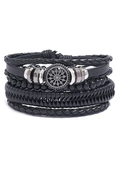 Gogoey Men's Leather Bracelet 4 Pieces Tree of Life Leaf Wooden Bead Bracelet Black Men's Jewelry