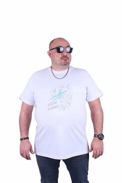 MocGrande Large Size Men's Printed T-Shirt Lightning 23132 White