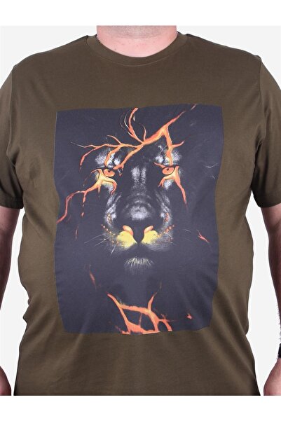 MocGrande Large Size Men's Printed T-Shirt Lion 23138 Military Green
