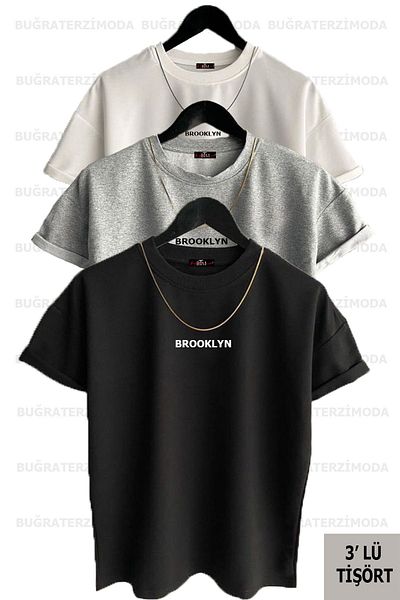 Buğraterzimoda Brooklyn Printed Unisex Μαύρο-άσπρο-γκρι (χαλαρή εφαρμογή) Πακέτο μπλουζών μεγάλου μεγέθους 3 τεμαχίων