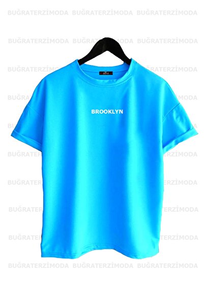 Buğraterzimoda Brooklyn Printed Unisex Saks Μπλε-Πράσινο-Μπλε (μεγάλη εφαρμογή) Πακέτο T-Shirt 3 τεμαχίων