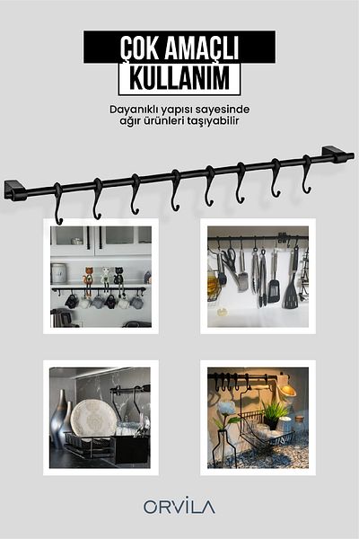 Orvila Черна метална закачалка за кухня и баня Многофункционална закачалка Ютия с 8 куки Maxi 72 см