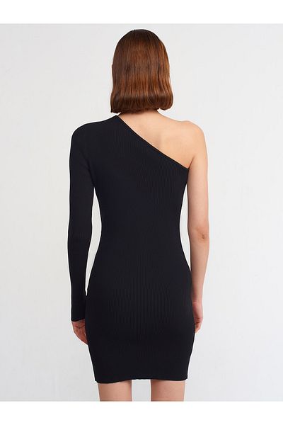 Dilvin 90133 Rochie de tricotaje cu o singură mânecă deschisă pe umărul drept - neagră