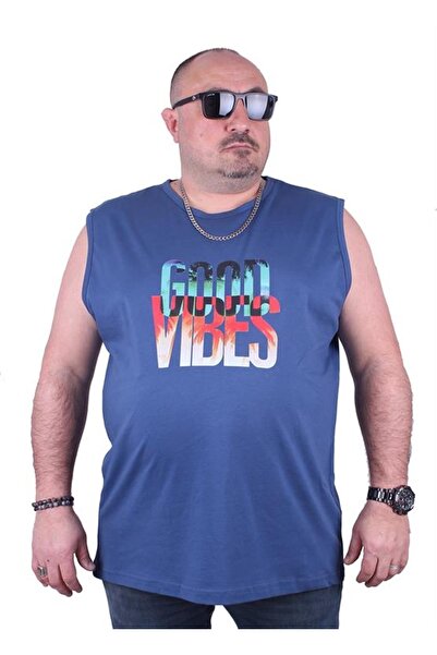 Starbattal Büyük Beden Erkek Baskılı Kolsuz Tişört Good Vibes 23141 Indıgo