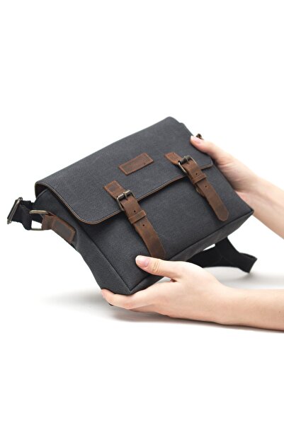 Gillario Kanvas - Deri Siyah Postacı Çanta - Design01
