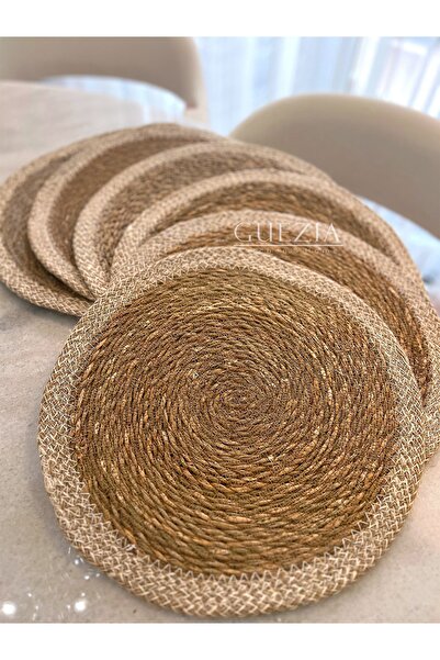 GUEZIA 6 Adet Krem Şeritli Hasır Supla | Örgü Amerikan Servis | 35 Cm Çap Sup...