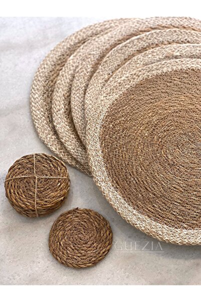 GUEZIA 6 Lı Hasır Krem Şeritli Supla Ve Hasır Bardak Altlığı Seti | Örgü Amer...